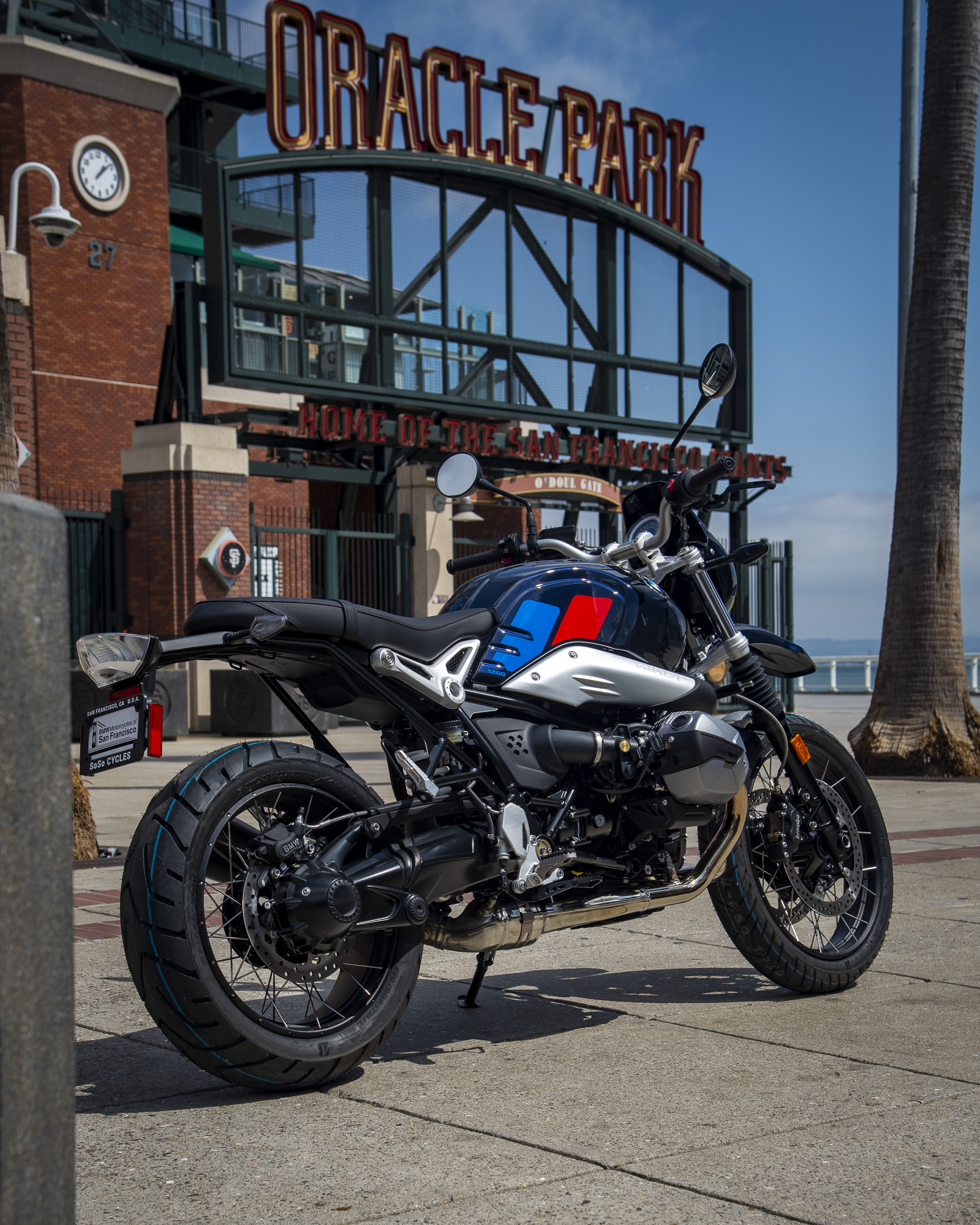 2023 BMW R nineT IN front On Oracle Park, San Francisco Giants Stadium